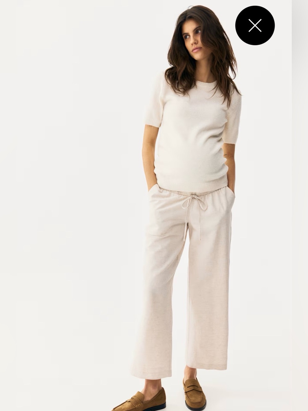 H&M Mama Maternity Cream Wide-Leg Linen Drawstring Pants